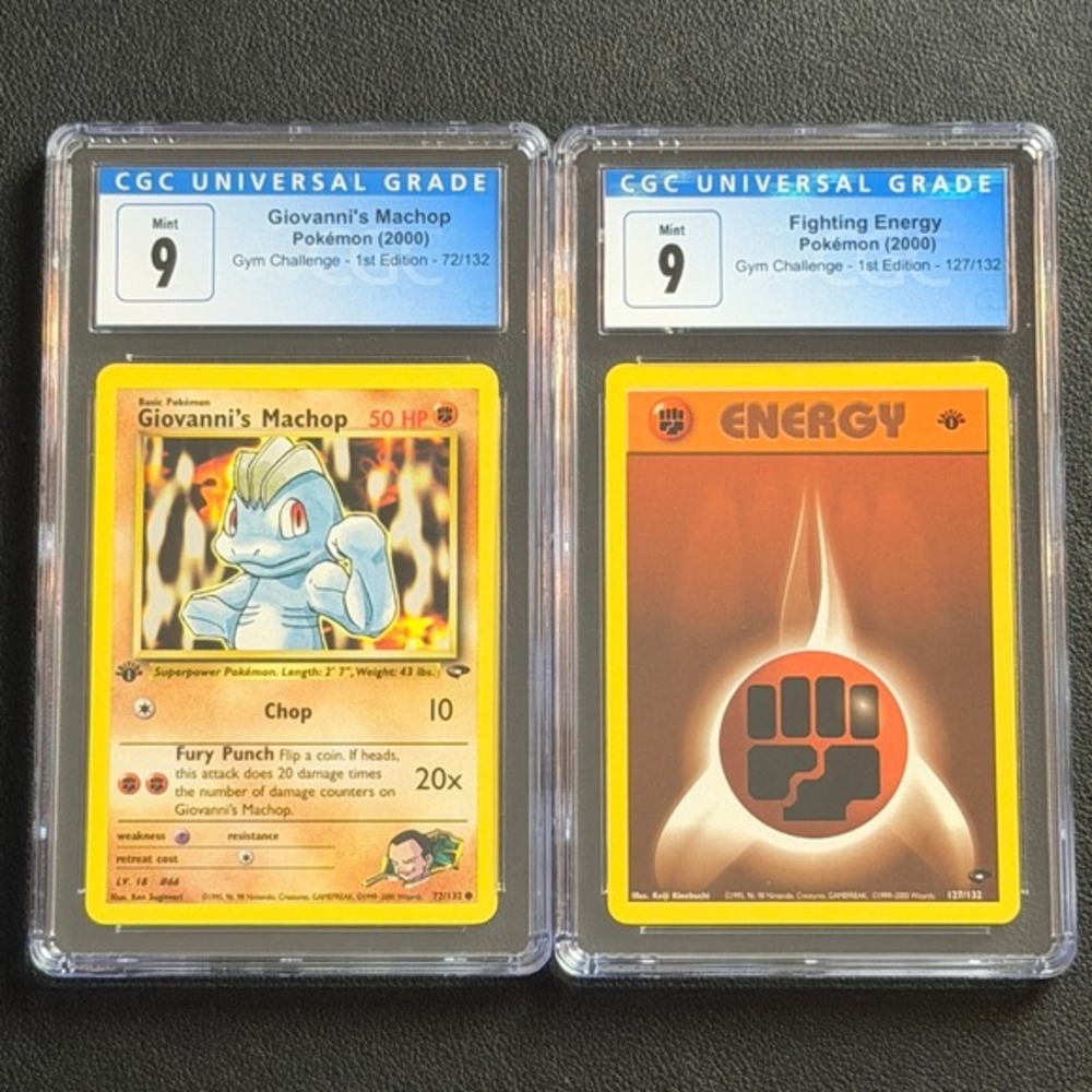 Pokémon Giovanni's Machop 72/132 1st Ed‎ + Fighting Energy CGC 9 Gym Challenge